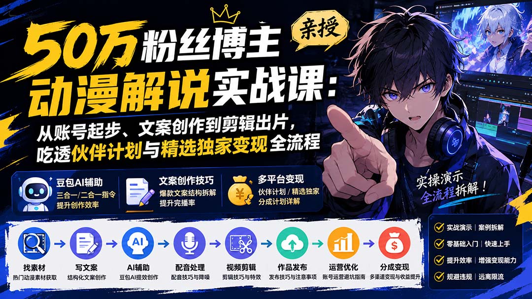 50万粉丝博主亲授动漫解说实战课：从账号起步、文案创作到剪辑出片，吃透伙伴计划与精选独家变现全流程采购|汽车产业|汽车配件|机加工企业家交流社群中心