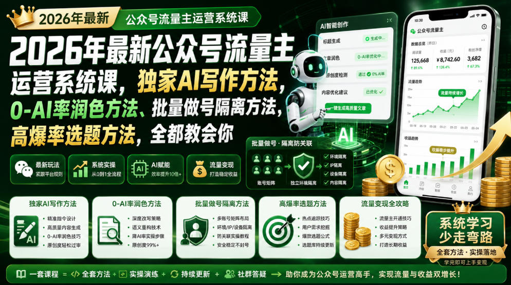 2026年最新公众号流量主运营系统课,独家AI写作方法,0-AI率润色方法、批量做号隔离方法、高爆率选题方法,全都教会你采购|汽车产业|汽车配件|机加工企业家交流社群中心