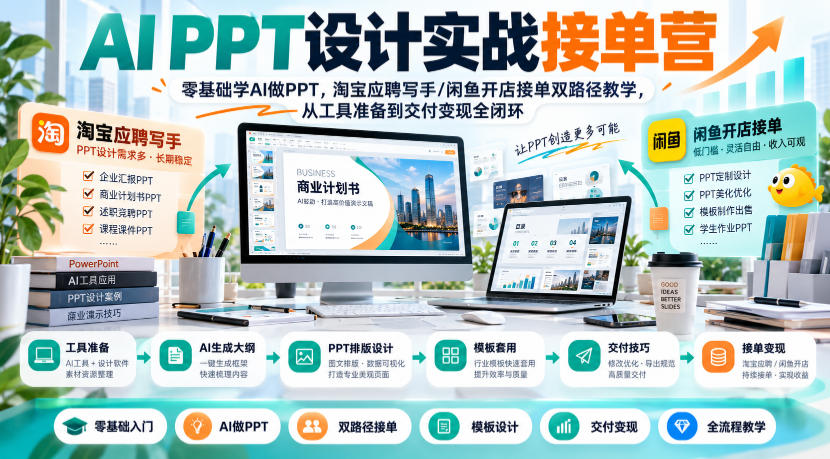 AI PPT设计实战接单营｜零基础学AI做PPT，淘宝应聘写手/闲鱼开店接单双路径教学，从工具准备到交付变现全闭环采购|汽车产业|汽车配件|机加工企业家交流社群中心