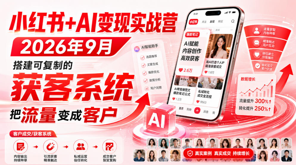 小红书+AI变现实战营2026年9月,搭建可复制的获客系统,把流量变成客户!采购|汽车产业|汽车配件|机加工企业家交流社群中心