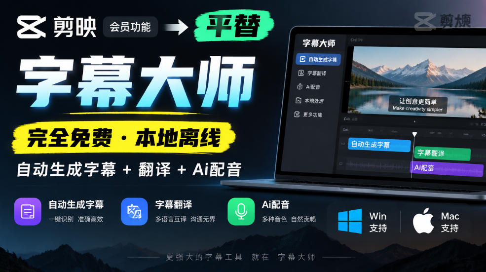 剪映会员功能平替，字幕大师完全免费本地离线，支持自动生成字幕+翻译+Ai配音，Win和Mac都支持！采购|汽车产业|汽车配件|机加工企业家交流社群中心