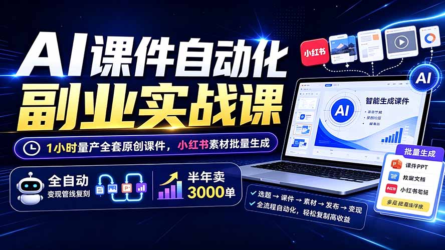AI课件自动化副业实战课：1小时量产全套原创课件×小红书素材批量生成×全自动变现管线×半年卖3000单采购|汽车产业|汽车配件|机加工企业家交流社群中心