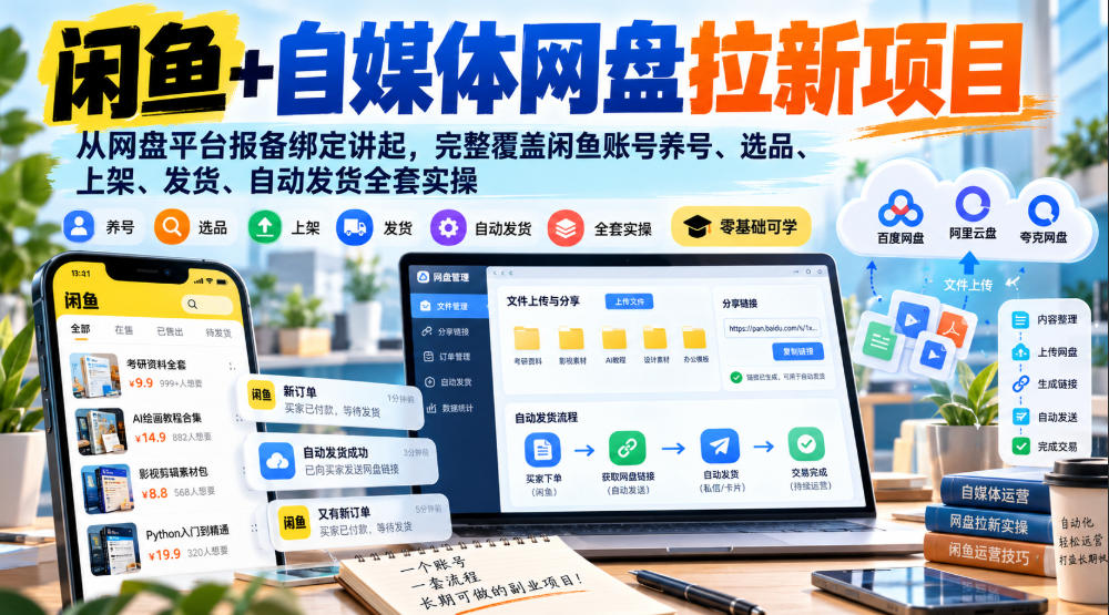闲鱼+自媒体网盘拉新项目,从网盘平台报备绑定讲起,完整覆盖闲鱼账号养号、选品、上架、发货、自动发货全套实操采购|汽车产业|汽车配件|机加工企业家交流社群中心