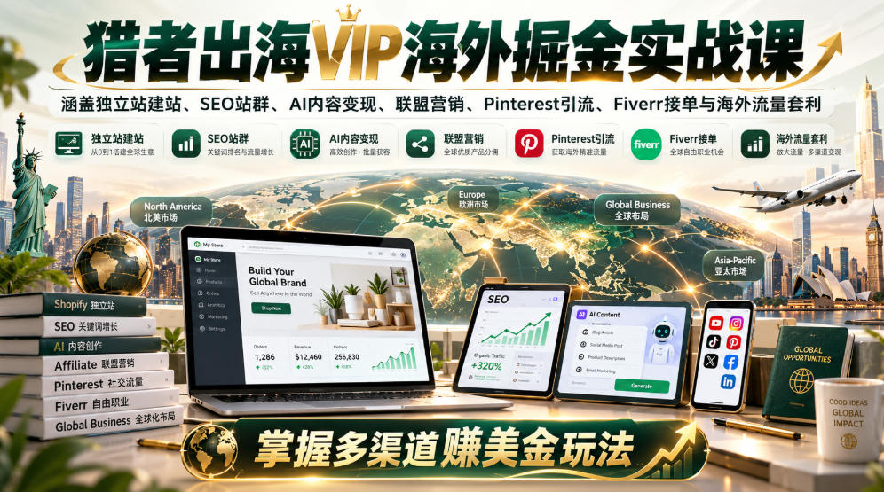 猎者出海VIP海外掘金实战课：涵盖独立站、SEO站群、AI变现、联盟营销、Pinterest引流、Fiverr接单与海外流量套利，掌握多渠道賺美金玩法采购|汽车产业|汽车配件|机加工企业家交流社群中心
