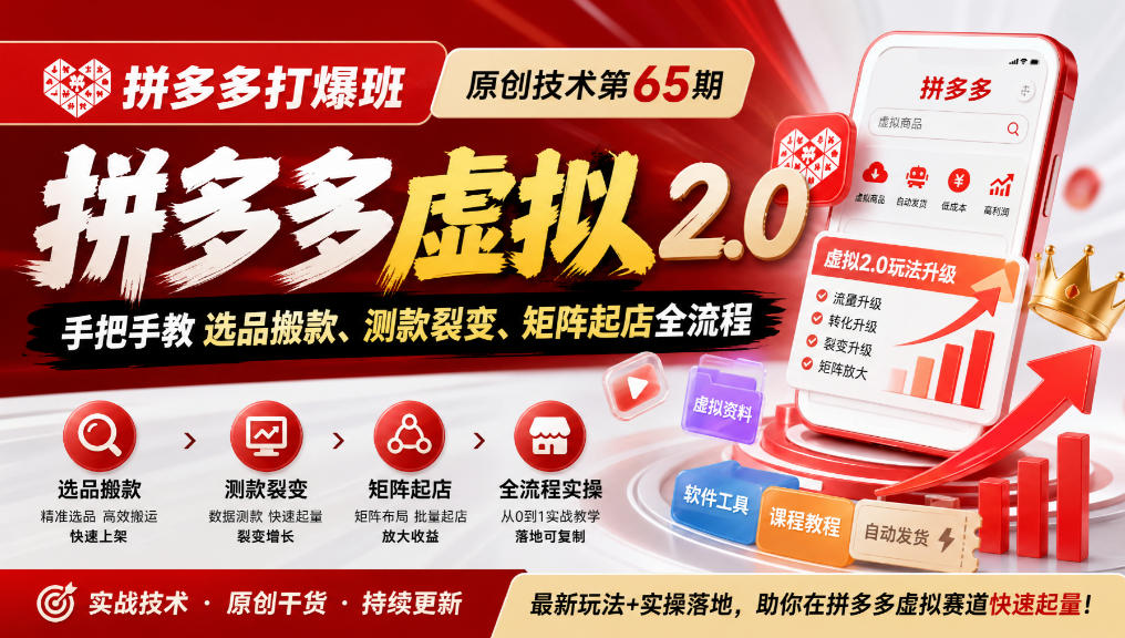 《拼多多打爆班》原创技术第65期,拼多多虚拟2.0,手把手教选品搬款、测款裂变、矩阵起店全流程采购|汽车产业|汽车配件|机加工企业家交流社群中心
