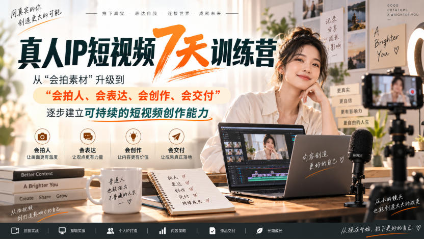 真人IP短视频7天训练营,从“会拍素材”升级到“会拍人、会表达、会创作、会交付”,逐步建立可持续的短视频创作能力采购|汽车产业|汽车配件|机加工企业家交流社群中心