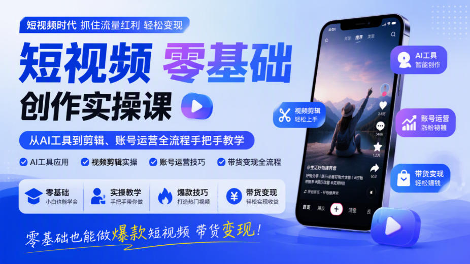 短视频零基础创作实操课，从AI工具到剪辑、账号运营全流程手把手教学，零基础也能做爆款短视频带货变现采购|汽车产业|汽车配件|机加工企业家交流社群中心