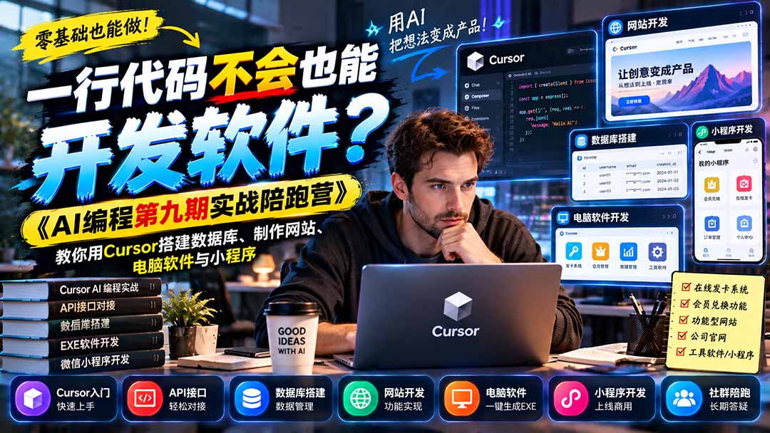一行代码不会也能开发软件?《AI编程第九期实战陪跑营》教你用Cursor搭建数据库、制作网站、电脑软件与小程序采购|汽车产业|汽车配件|机加工企业家交流社群中心