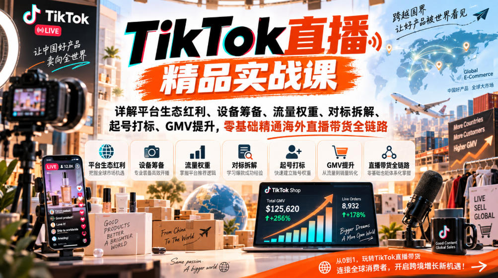 TikTok直播精品实战课，详解平台生态红利、设备筹备、流量权重、对标拆解、起号打标、GMV提升，零基础精通海外直播带货全链路采购|汽车产业|汽车配件|机加工企业家交流社群中心
