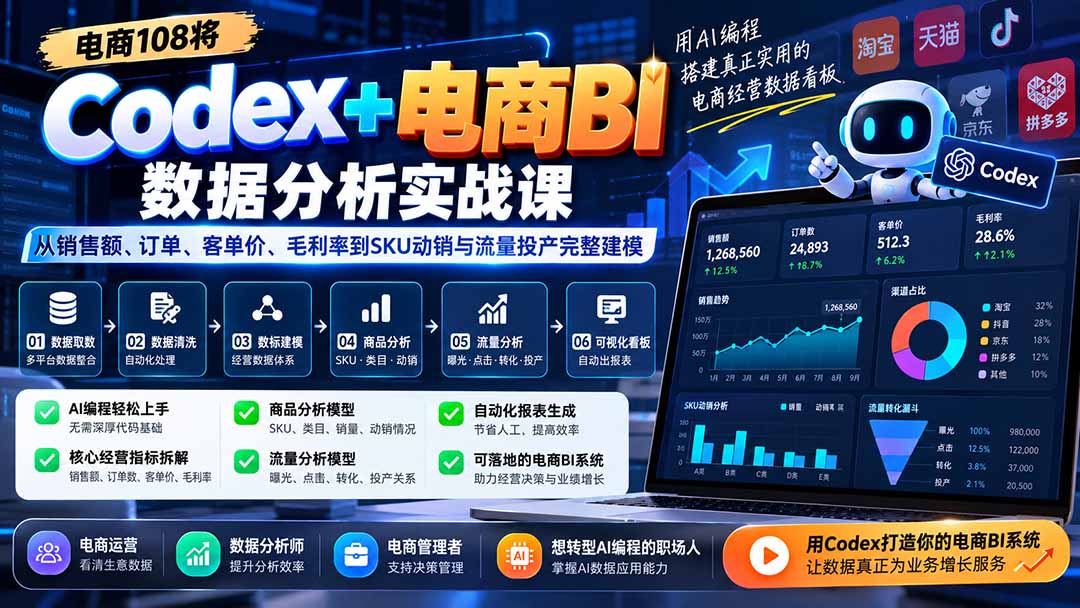 Codex+电商BI数据分析实战课-更新1026:从销售额、订单、客单价、毛利率到SKU动销与流量投产完整建模采购|汽车产业|汽车配件|机加工企业家交流社群中心