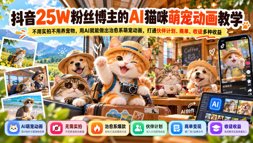 抖音25W粉丝博主的AI猫咪萌宠动画教学，不用实拍不用养宠物，用AI就能做出治愈系萌宠动画，打通伙伴计划、商单、收徒多种收益采购|汽车产业|汽车配件|机加工企业家交流社群中心