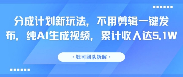 分成计划新玩法，不用剪辑一键发布，纯AI生成视频，累计收入达5.1W采购|汽车产业|汽车配件|机加工蚂蚁智酷企业交流社群中心