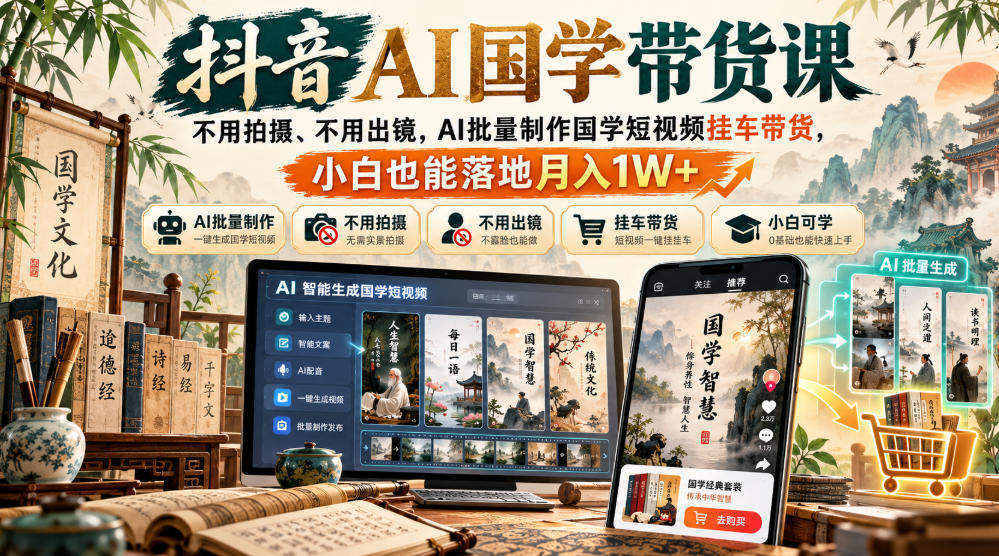 抖音AI国学带货课,不用拍摄、不用出镜,AI批量制作国学短视频挂车带货,小白也能落地月入1W+采购|汽车产业|汽车配件|机加工企业家交流社群中心