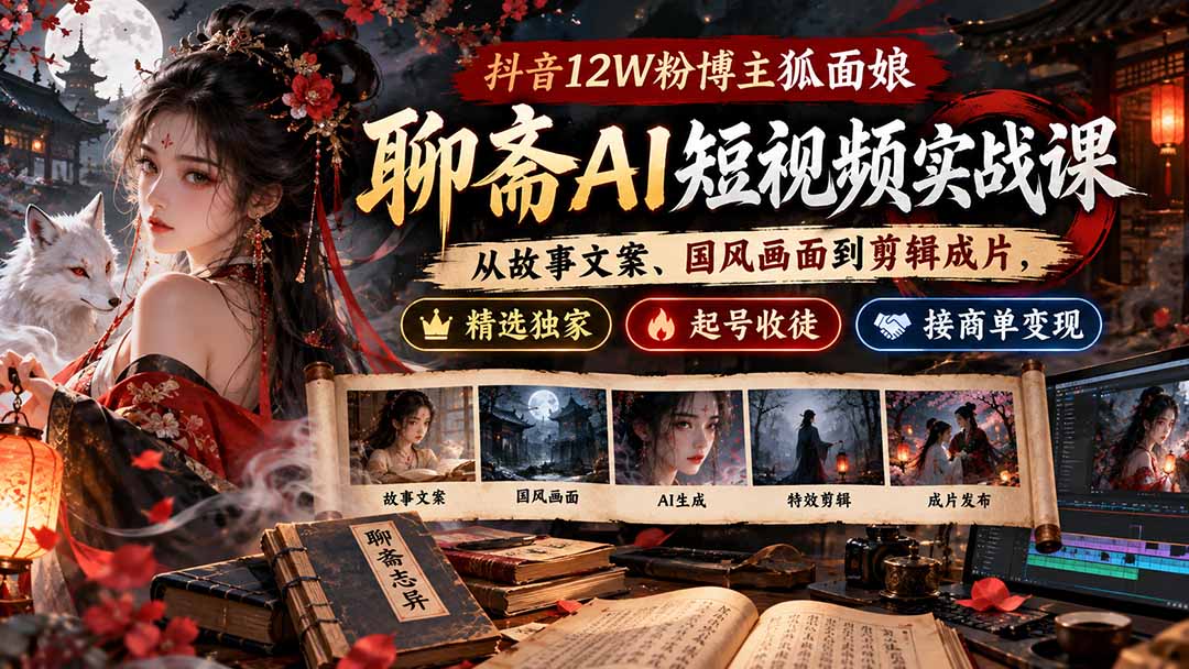 抖音12W粉博主狐面娘-聊斋AI短视频实战课：从故事文案、国风画面到剪辑成片，精选独家+起号收徒+接商单变现采购|汽车产业|汽车配件|机加工企业家交流社群中心