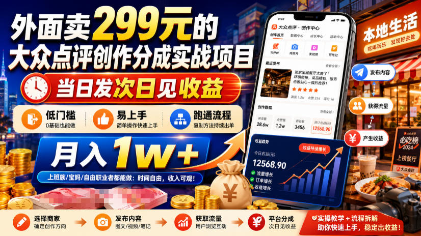 外面卖299元的大众点评创作分成实战项目,当日发次日见收益,低门槛易上手,跑通流程月入1w+采购|汽车产业|汽车配件|机加工企业家交流社群中心