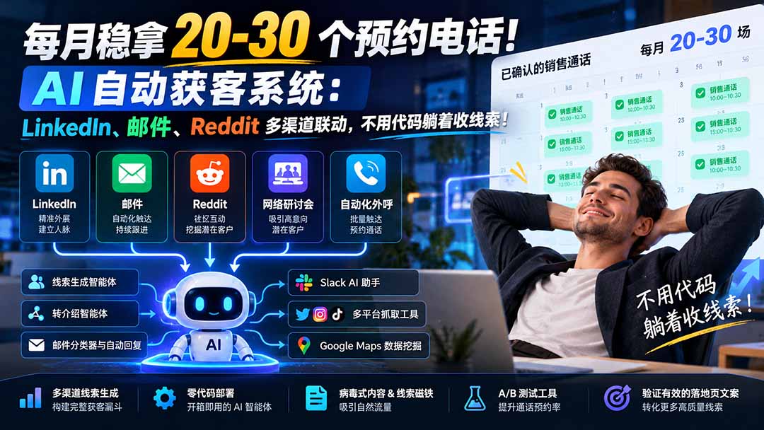 每月稳拿 20-30 个预约电话！AI 自动获客系统：LinkedIn、邮件、Reddit 多渠道联动，不用代码躺着收线索！采购|汽车产业|汽车配件|机加工企业家交流社群中心