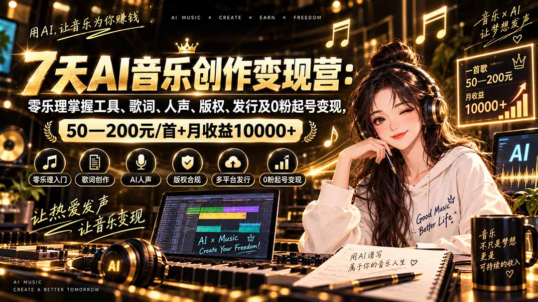 AI音乐创作变现营:零乐理掌握工具、歌词、人声、版权、发行及0粉起号变现,50—200元/首+月收益10000+采购|汽车产业|汽车配件|机加工企业家交流社群中心