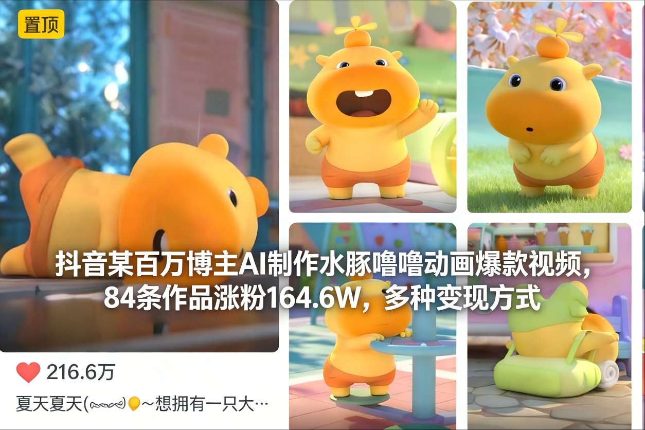 抖音某百万博主AI制作水豚噜噜动画爆款视频，84条作品涨粉164.6W，多种变现方式采购|汽车产业|汽车配件|机加工蚂蚁智酷企业交流社群中心