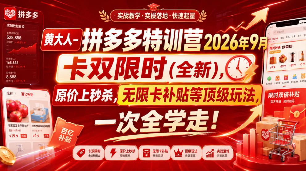 黄大人-拼多多特训营2026年9月，卡双限时(全新)，原价上秒杀，无限卡补贴等顶级玩法，一次全学走!(更新0913)采购|汽车产业|汽车配件|机加工企业家交流社群中心