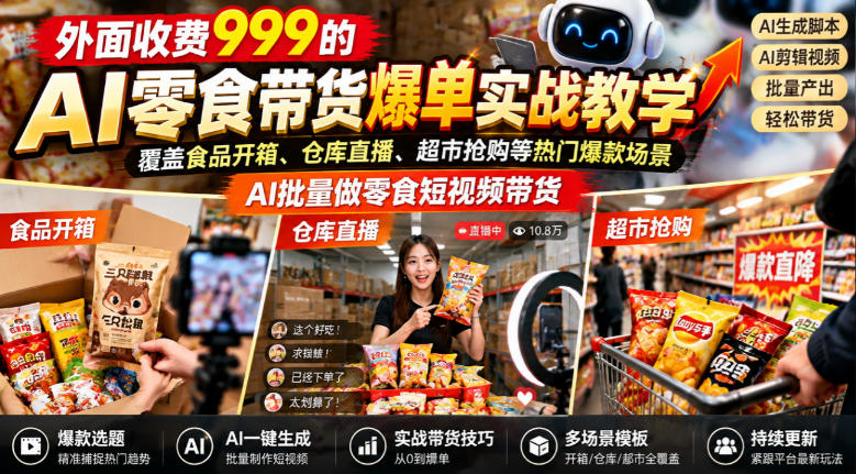 外面收费999的AI零食带货爆单实战教学，覆盖食品开箱、仓库直播、超市抢购等热门爆款场景，AI批量做零食短视频带货采购|汽车产业|汽车配件|机加工企业家交流社群中心