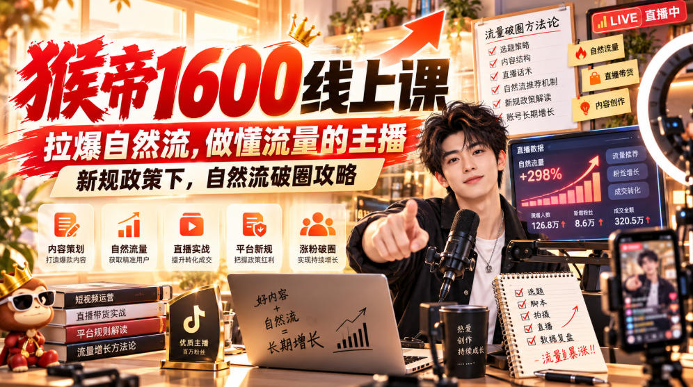 猴帝1600线上课，拉爆自然流，做懂流量的主播，新规政策下，自然流破圈攻略【更新260926】采购|汽车产业|汽车配件|机加工企业家交流社群中心