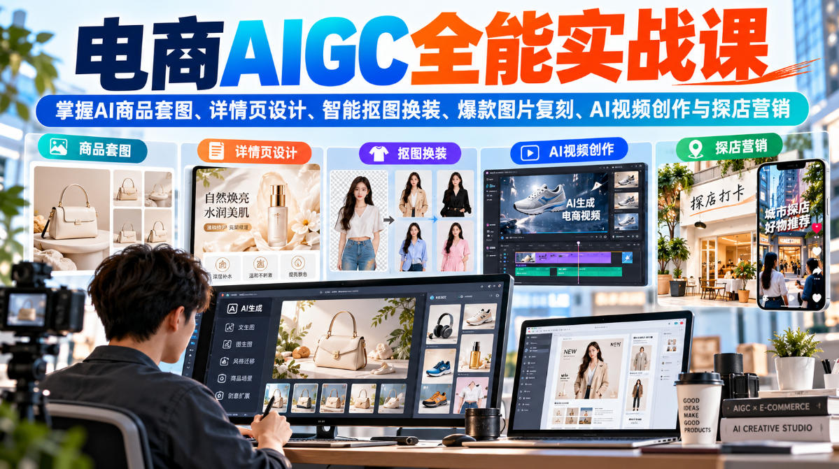 电商AIGC全能实战课:掌握AI商品套图、详情页设计、智能抠图换装、爆款图片复刻、AI视频创作与探店营销采购|汽车产业|汽车配件|机加工企业家交流社群中心