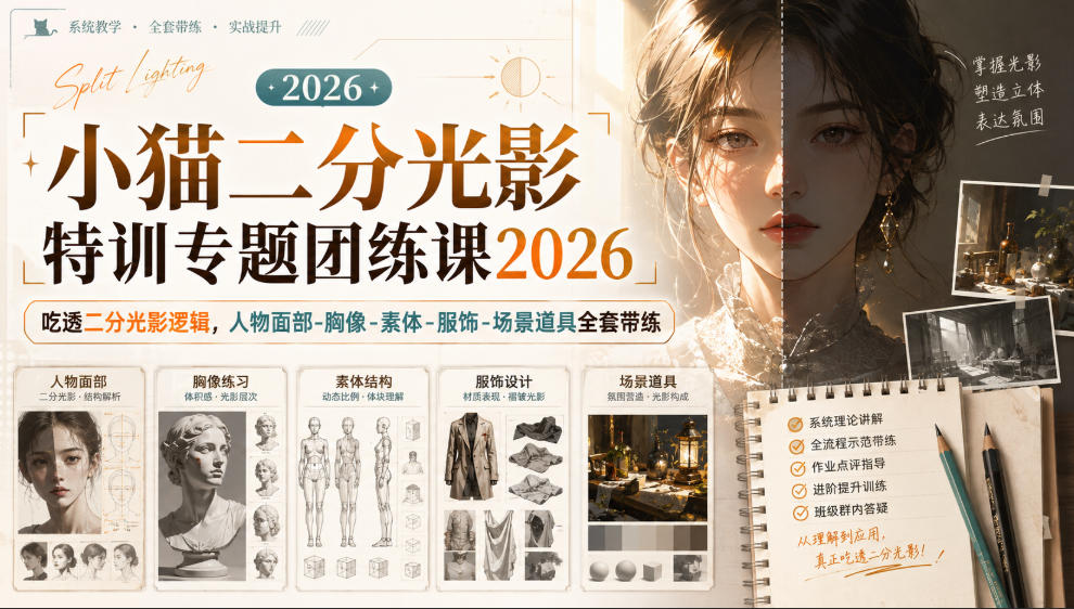 小猫二分光影特训专题团练课2026｜吃透二分光影逻辑，人物面部‑胸像‑素体‑服饰‑场景道具全套带练，高清画质附赠课件与笔刷采购|汽车产业|汽车配件|机加工企业家交流社群中心