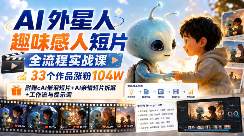 AI外星人趣味感人短片全流程实战课,33个作品涨粉104W,附赠AI催泪短片+AI亲情短片拆解+工作流与提示词采购|汽车产业|汽车配件|机加工企业家交流社群中心