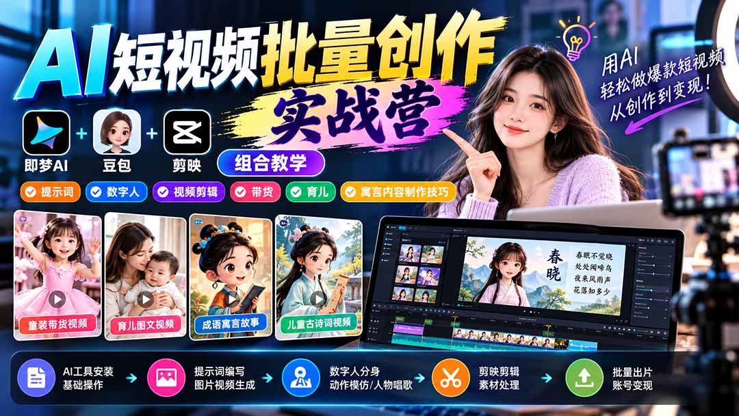 【无水印】AI短视频批量创作实战营:即梦+豆包+剪映组合教学,提示词/数字人/视频剪辑/带货/育儿/寓言内容制作技巧采购|汽车产业|汽车配件|机加工企业家交流社群中心