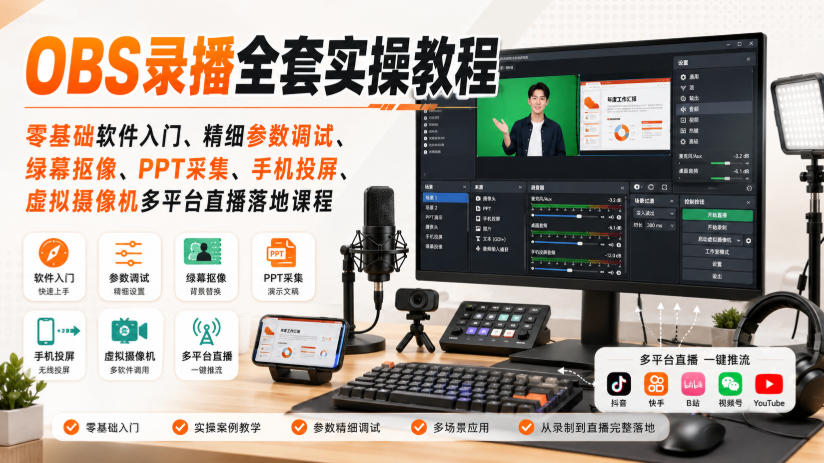 OBS录播全套实操教程｜零基础软件入门、精细参数调试、绿幕抠像、手机投屏、虚拟摄像机多平台直播落地课程采购|汽车产业|汽车配件|机加工企业家交流社群中心