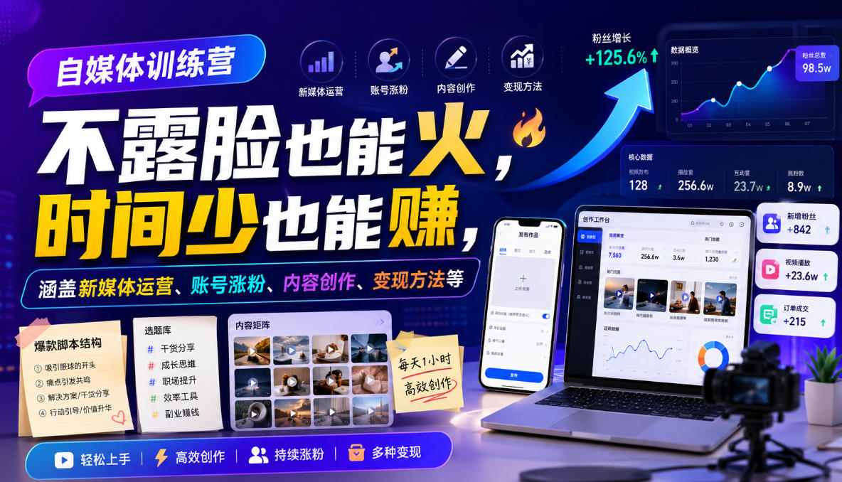 自媒体训练营，不露脸也能火，时间少也能賺，涵盖新媒体运营、账号涨粉、内容创作、变现方法等采购|汽车产业|汽车配件|机加工企业家交流社群中心