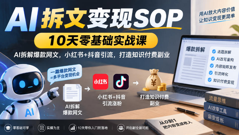 AI拆文变现SOP｜10天零基础实战课，AI拆解爆款网文，小红书+抖音引流，打造知识付费副业采购|汽车产业|汽车配件|机加工企业家交流社群中心