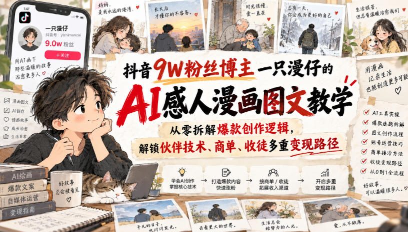 抖音9W粉丝博主一只漫仔的AI感人漫画图文教学，从零拆解爆款创作逻辑，解锁伙伴技术、商单、收徒多重变现路径采购|汽车产业|汽车配件|机加工企业家交流社群中心