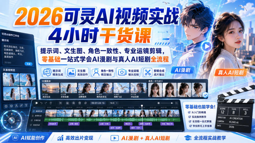 2026可灵AI视频实战4小时干货课｜提示词、文生图、角色一致性、专业运镜剪辑，零基础一站式学会AI漫剧与真人AI短剧全流程采购|汽车产业|汽车配件|机加工企业家交流社群中心