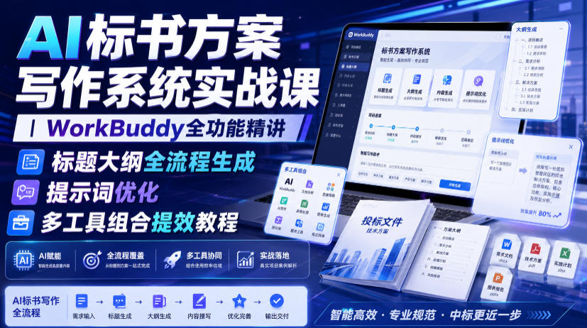 AI标书方案写作系统实战课|WorkBuddy全功能精讲・标题大纲全流程生成・提示词优化・多工具组合提效教程采购|汽车产业|汽车配件|机加工企业家交流社群中心