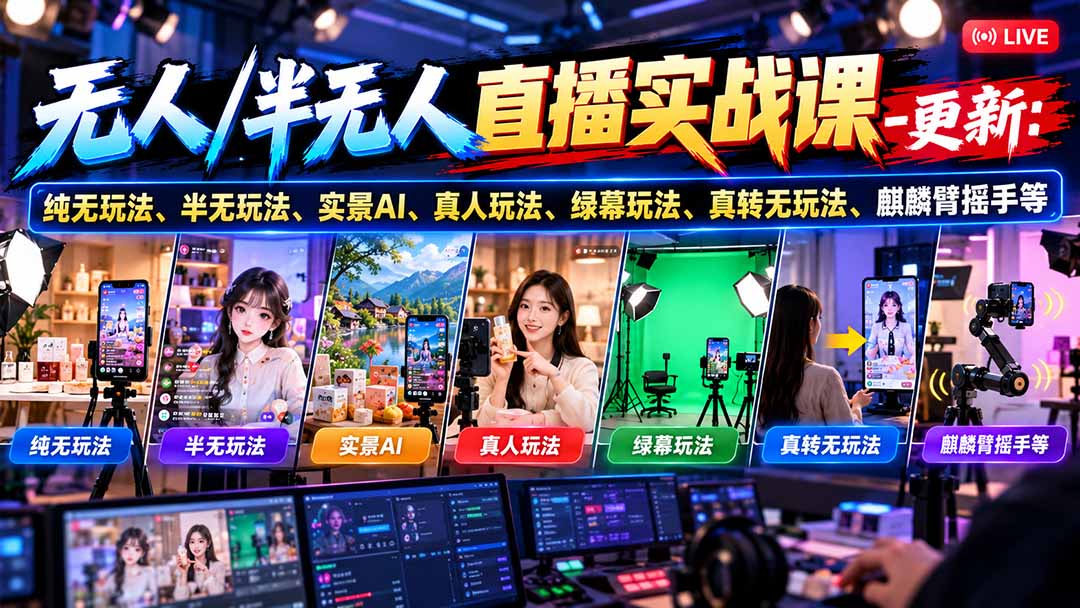 无人/半无人直播实战课-10月20更新：纯无玩法、半无玩法、实景AI、真人玩法、绿幕玩法、真转无玩法、麒麟臂摇手等采购|汽车产业|汽车配件|机加工企业家交流社群中心