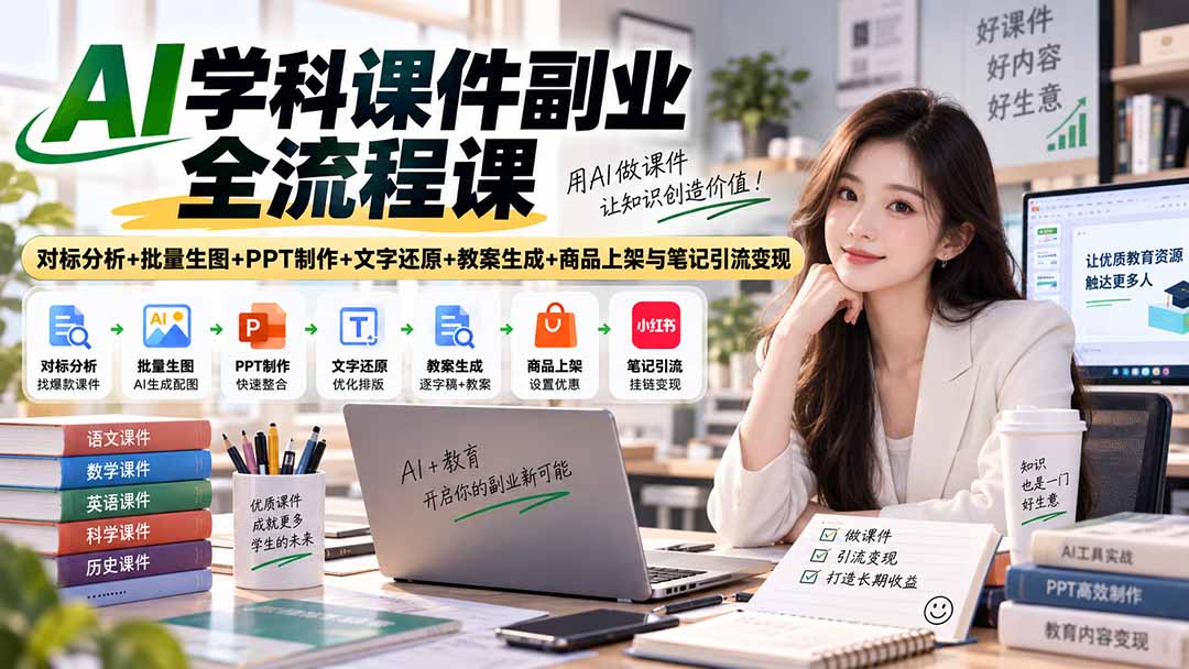 AI学科课件副业全流程课｜对标分析+批量生图+PPT制作+文字还原+教案生成+商品上架与笔记引流变现采购|汽车产业|汽车配件|机加工企业家交流社群中心