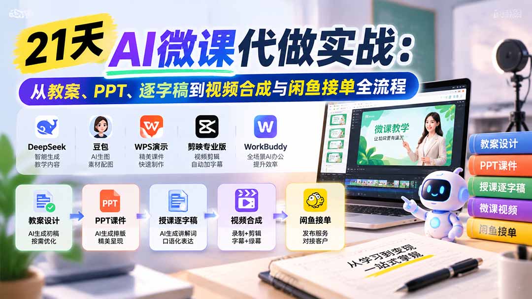 21天AI微课代做实战:从教案、PPT、逐字稿到视频合成与闲鱼接单全流程采购|汽车产业|汽车配件|机加工企业家交流社群中心