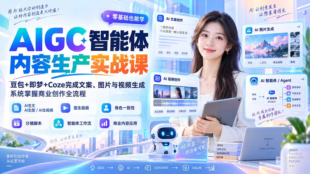 AIGC智能体内容生产实战课:豆包+即梦+Coze完成文案、图片与视频生成,系统掌握商业创作全流程采购|汽车产业|汽车配件|机加工企业家交流社群中心