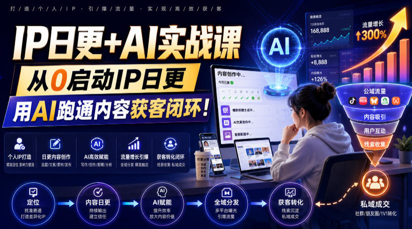 IP日更+AI实战课,从0启动IP日更,IP置顶视频制作+100条选题库搭建+10条日更规划,用AI跑通内容获客闭环!采购|汽车产业|汽车配件|机加工企业家交流社群中心