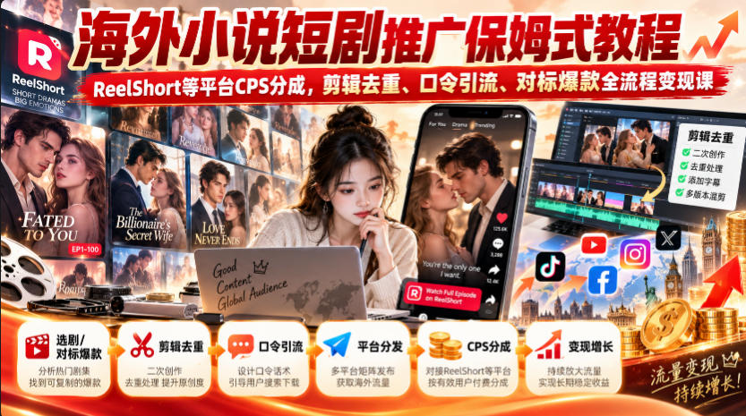 海外小说短剧推广保姆式教程|ReelShort等平台CPS分成,剪辑去重、口令引流、对标爆款全流程变现课采购|汽车产业|汽车配件|机加工企业家交流社群中心