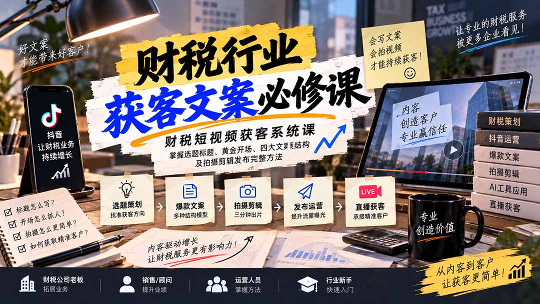 财税短视频获客系统课：掌握选题标题、黄金开场、四大文案结构及拍摄剪辑发布完整方法采购|汽车产业|汽车配件|机加工企业家交流社群中心