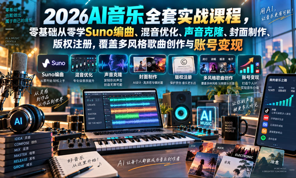 2026AI音乐实战课程，零基础从零学Suno编曲、混音优化、声音克隆、版权注册，覆盖多风格歌曲创作与账号变现采购|汽车产业|汽车配件|机加工企业家交流社群中心