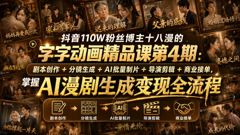 抖音110W粉丝博主十八漫的字字动画精品课第4期：剧本创作+分镜生成+剪辑+商业接单，掌握AI漫剧生成变现全流程采购|汽车产业|汽车配件|机加工企业家交流社群中心