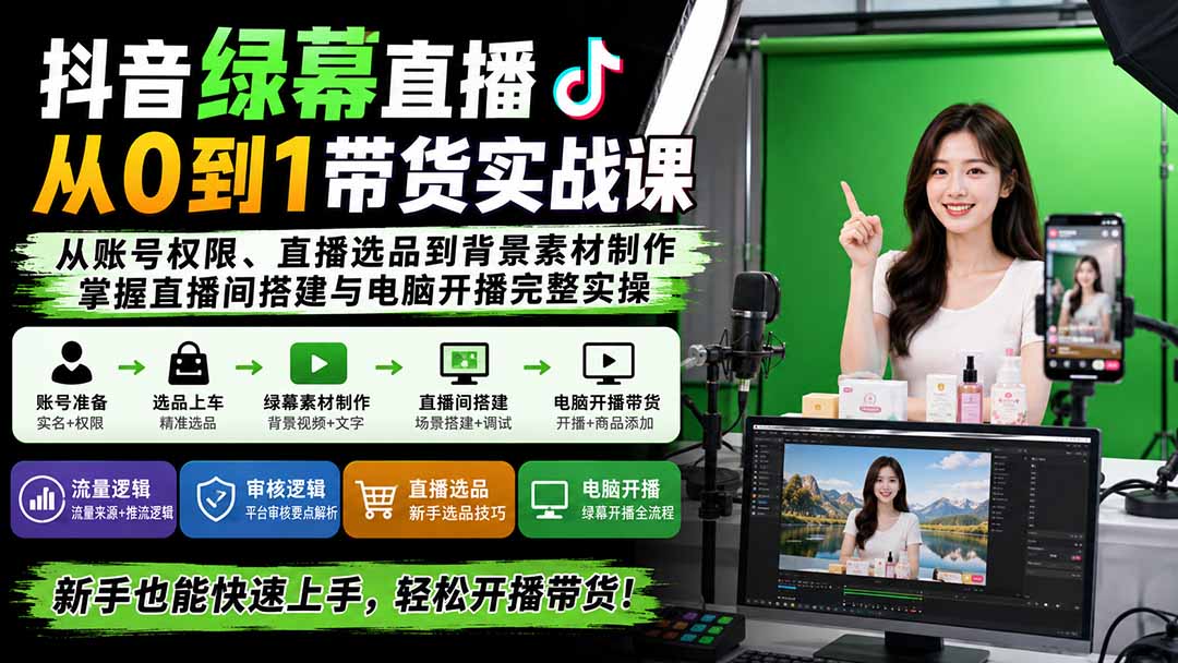 抖音绿幕直播从0到1带货实战课：从账号权限、直播选品到背景素材制作，掌握直播间搭建与电脑开播完整实操采购|汽车产业|汽车配件|机加工企业家交流社群中心