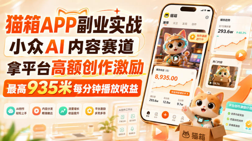 猫箱APP副业实战,小众AI内容赛道,拿平台高额创作激励,最高935米每分钟播放收益采购|汽车产业|汽车配件|机加工企业家交流社群中心
