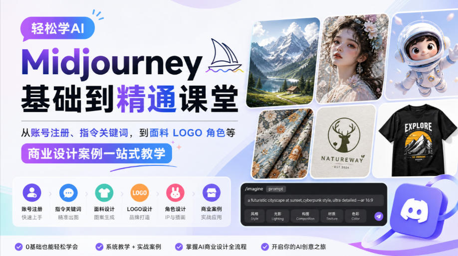 轻松学AI Midjourney基础到精通课堂，从账号注册、指令关键词，到面料LOGO角色等商业设计案例一站式教学采购|汽车产业|汽车配件|机加工企业家交流社群中心