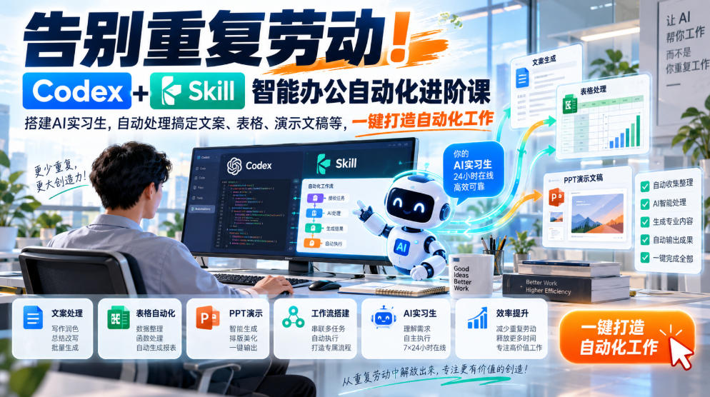 告别重复劳动！Codex+Skill智能办公自动化进阶课｜搭建AI实习生，自动处理搞定文案、表格、演示文稿等，一键打造自动化工作采购|汽车产业|汽车配件|机加工企业家交流社群中心