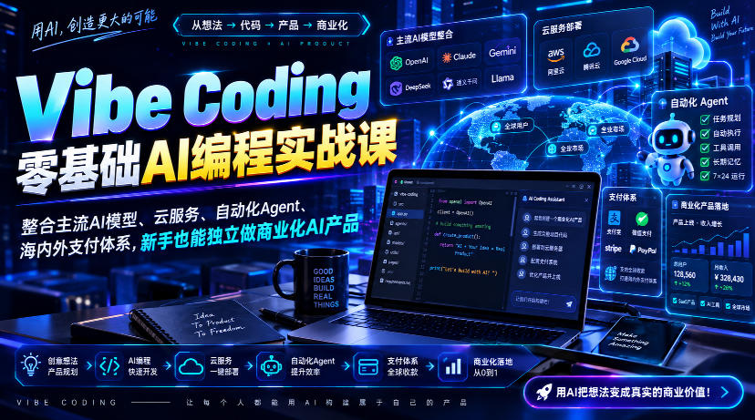 Vibe Coding零基础AI编程实战课-无水印,整合主流AI模型、云服务、自动化Agent、海内外支付体系,新手也能独立做商业化AI产品采购|汽车产业|汽车配件|机加工企业家交流社群中心