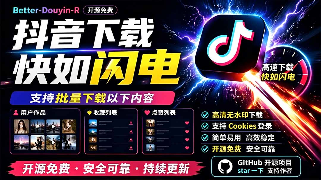 别再乱找了!D音下载快如闪电,支持批量下载用户作品收藏列表和点赞列表,开源免费 Better-douyin-R采购|汽车产业|汽车配件|机加工企业家交流社群中心